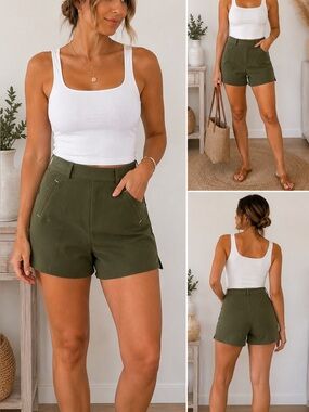 H&M Olive High-Waist Tailored Shorts